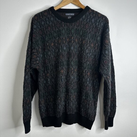 Vtg Jantzen Sweater Mens L Black Multicolor Textured Knit Crewneck Grunge 90s - Picture 1 of 10